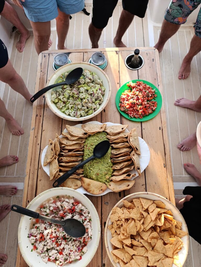 Fresh ceviche, guacamole and chips served on board
