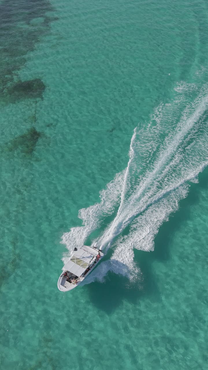 Top-down drone view of a tour boat on turquoise water