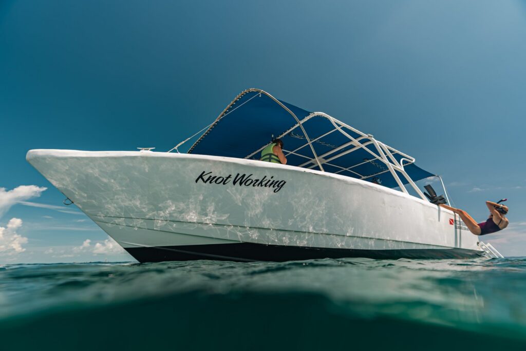 Isla Sea Tours boat "Knot Working" seen from water level with a snorkeler diving in